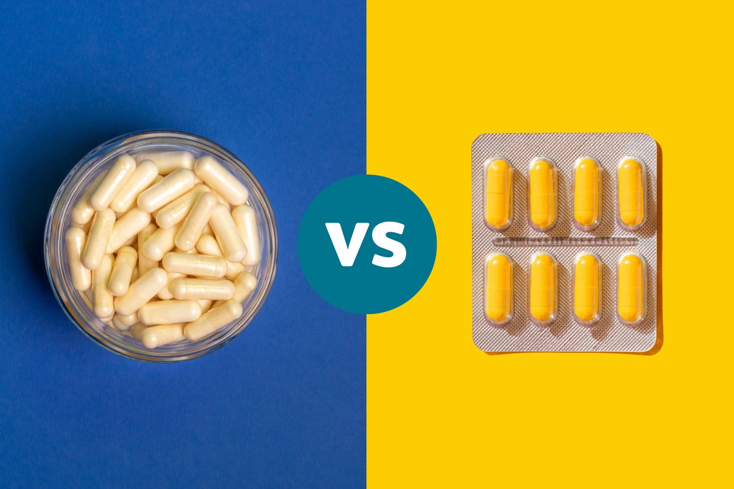 Comparison of capsules in a glass bowl versus tablets in a blister pack, representing different forms of magnesium and vitamin C.