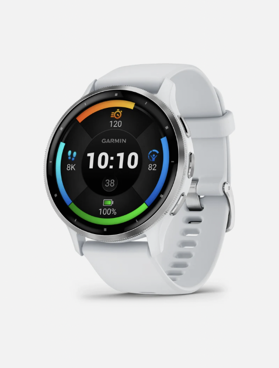 A Garmin Venu 3 smartwatch displaying advanced running metrics.