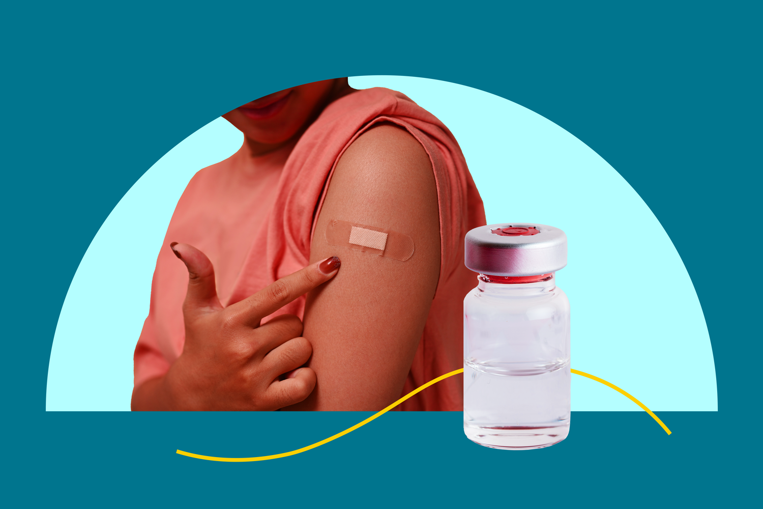 A person pointing to a bandage on their shoulder after receiving a tetanus shot, with a vaccine vial in the foreground.