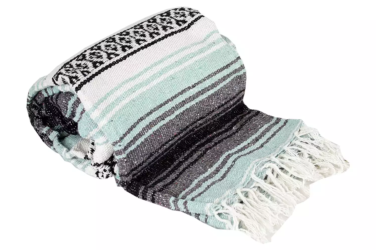 A folded Mexican-style yoga blanket.
