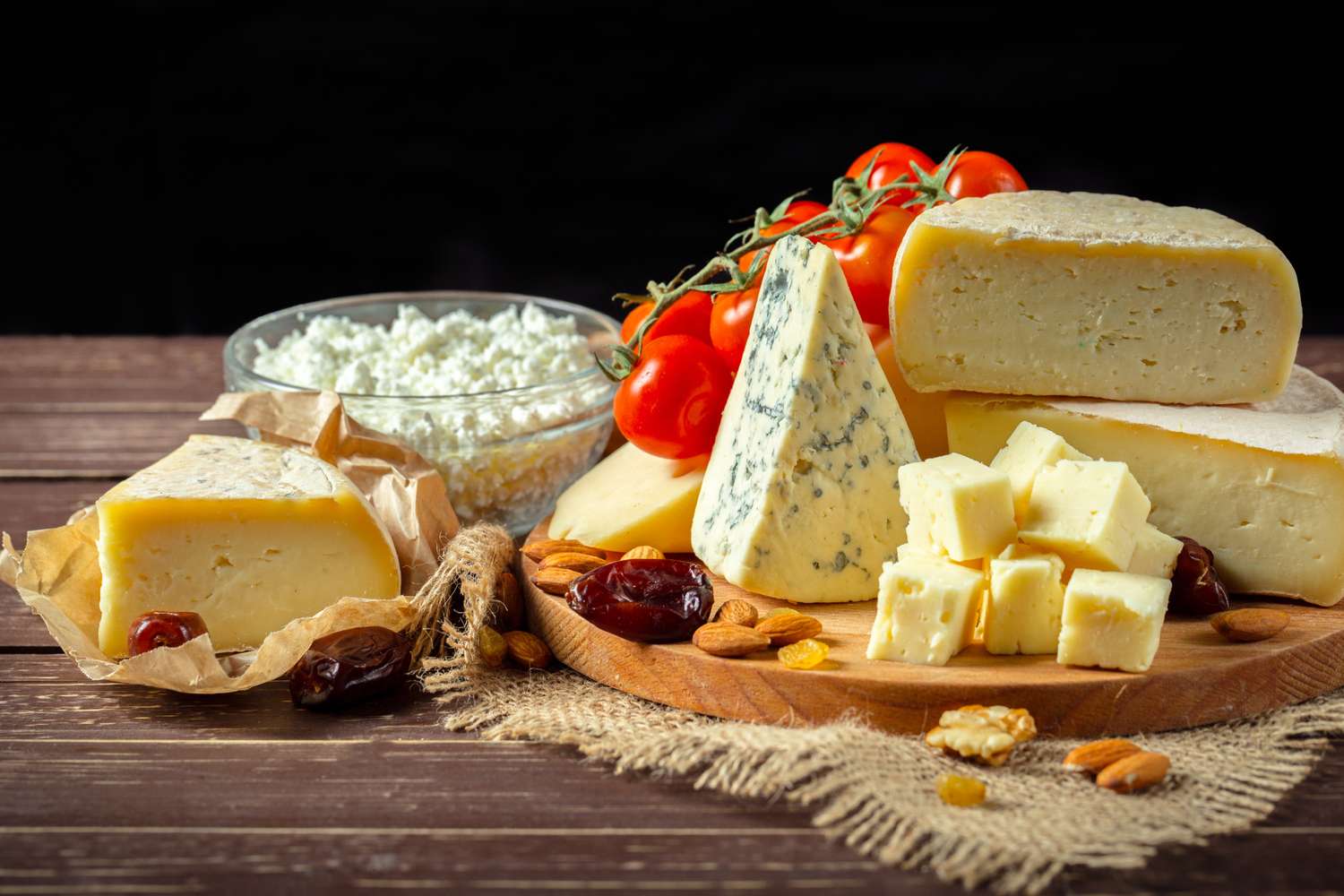 A selection of cheeses, fresh tomatoes, and nuts arranged on a wooden board.