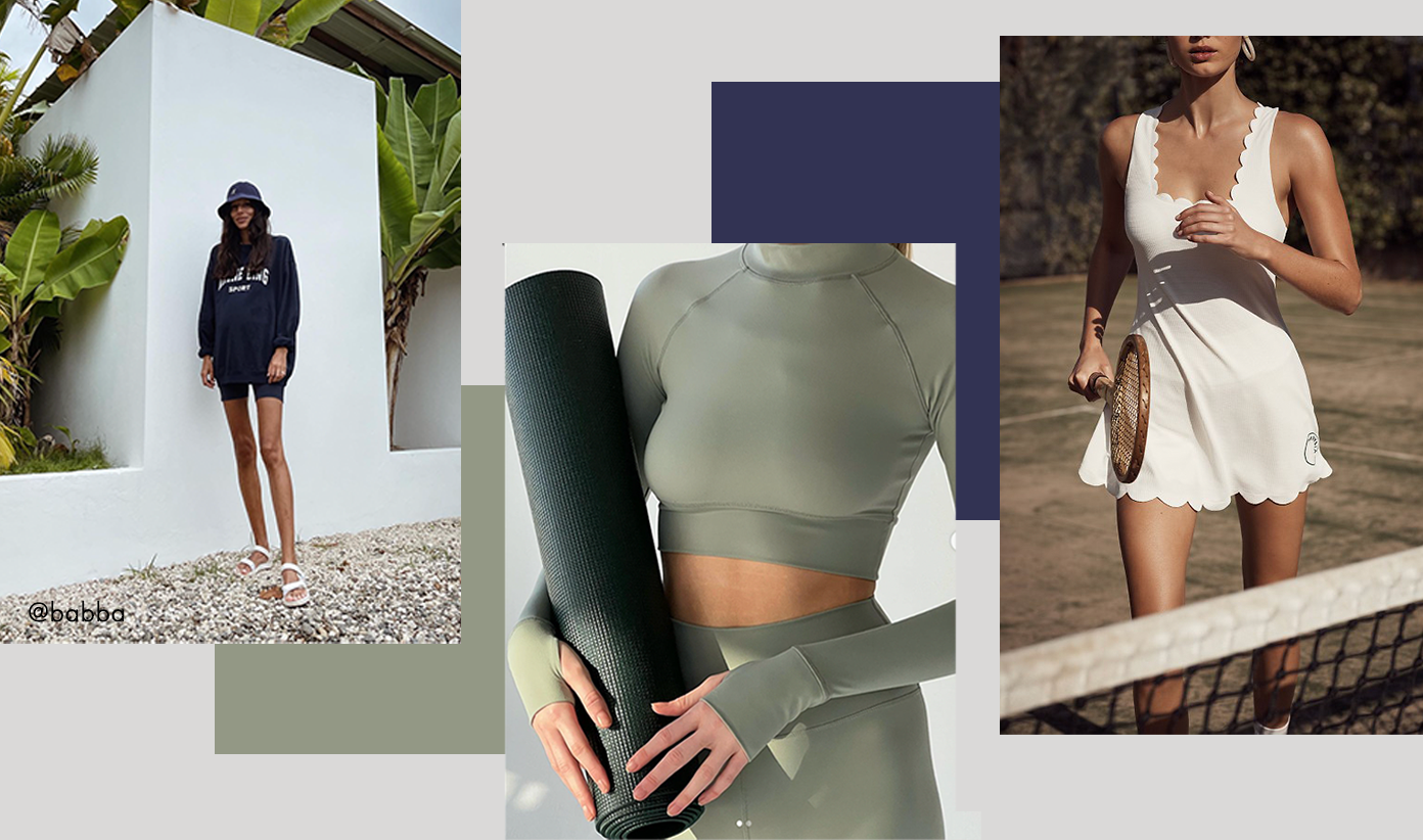 A group of fitness enthusiasts wearing various spring-themed activewear in a brightly lit studio.