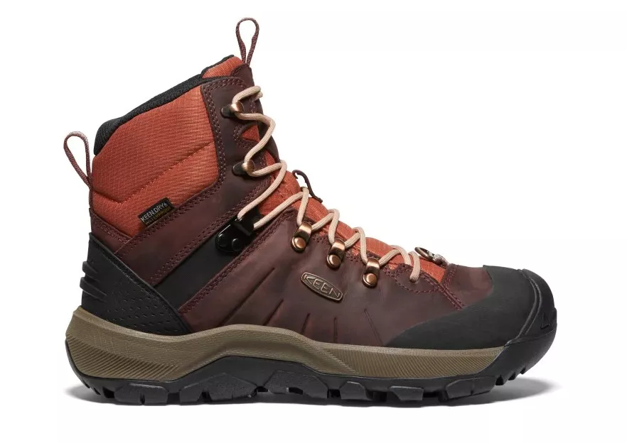 A Keen Revel IV Polar hiking boot in brown and orange with waterproof GORE-TEX lining.