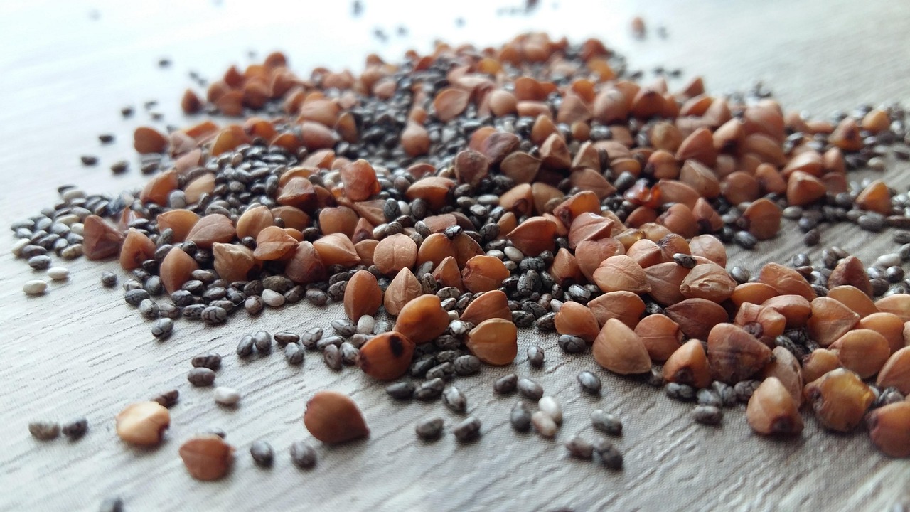 Small bowls of chia seeds and hemp hearts ready to be added as oatmeal toppings.