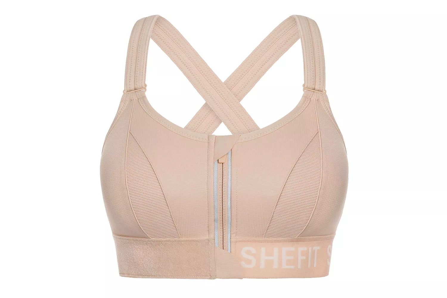 A beige high-impact sports bra featuring a front zipper and reinforced straps for bounce reduction.