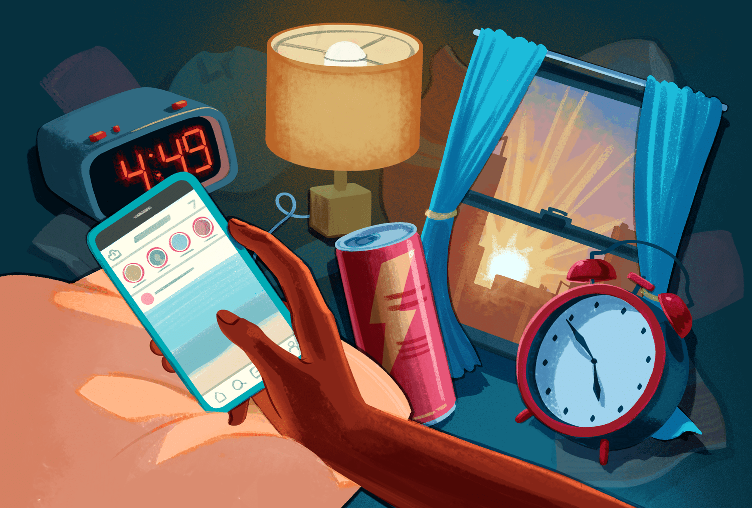 An illustration of a young adult lying in bed in a dark room, illuminated by the blue light of a smartphone while the sun begins to rise outside.