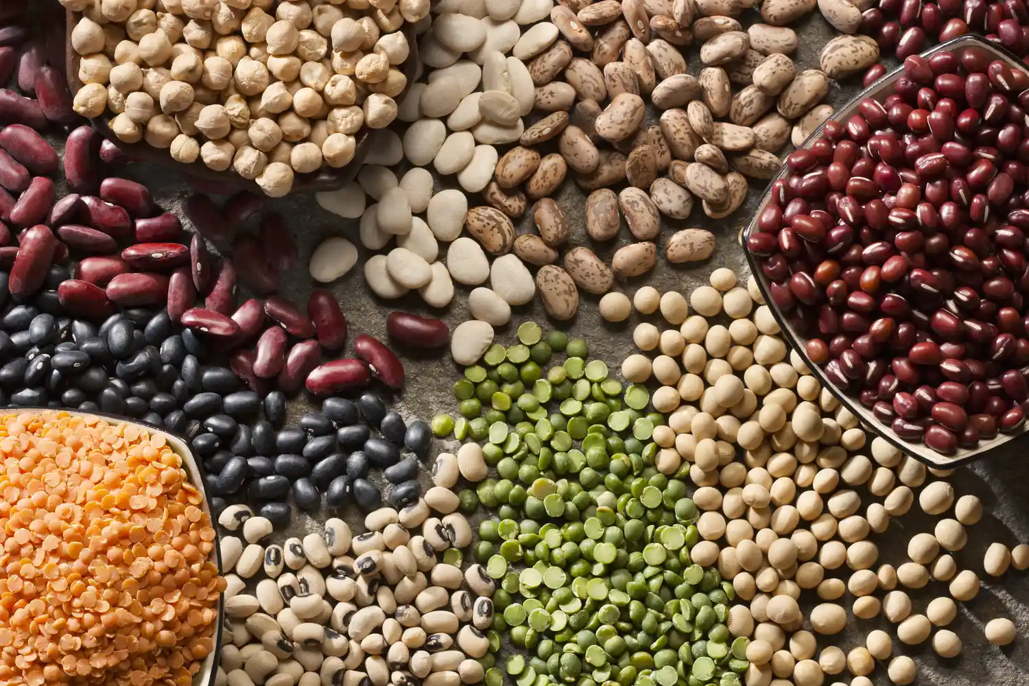 Assorted dried legumes like lentils, chickpeas, and beans in small bowls.