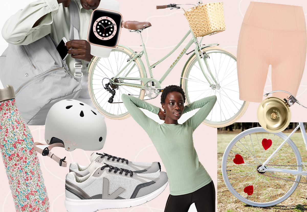 An arrangement of essential cycling gear including a helmet, bike lights, and a pump for beginners.