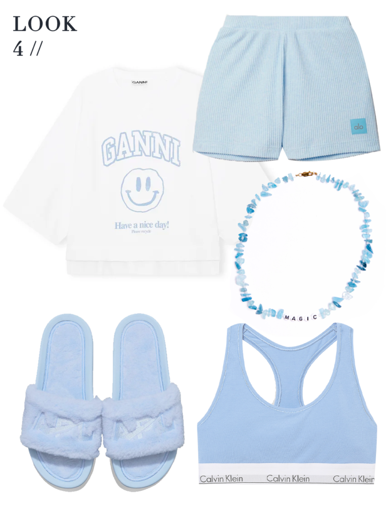 A woman in a pastel gym set wearing an oversized bomber jacket and carrying a tote bag.