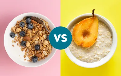 A comparison between granola with fruit and oatmeal with a poached pear.