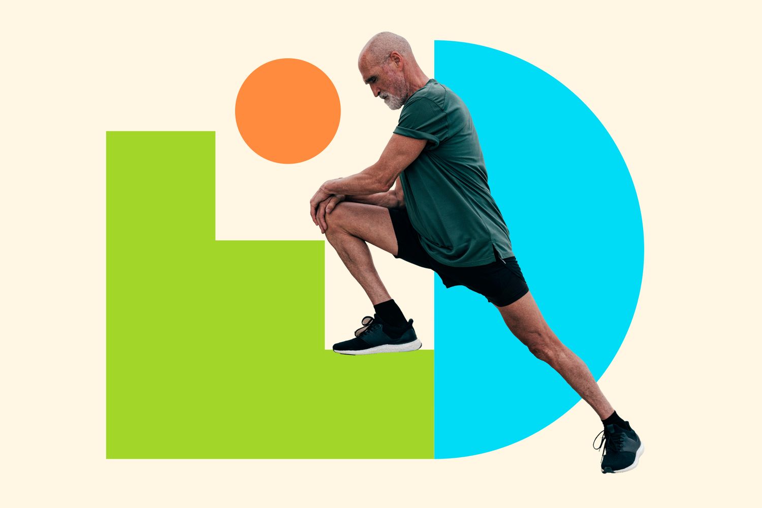 Photo illustration of a man performing a stretching routine for mental health support.