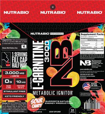 NutraBio Performance Leanshots L-Carnitine 3000 Sour Candy source label used in the packaging illustration