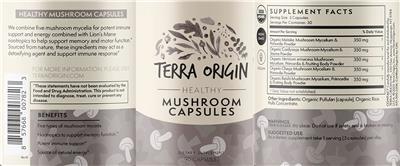 Terra Origin Healthy Mushroom Capsules source label used in the packaging illustration
