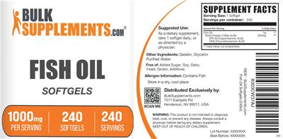 BulkSupplements.com Fish Oil 1000 mg Softgels source label used in the packaging illustration