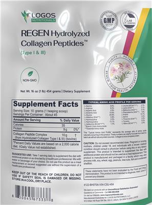 Logos Nutritionals REGEN Hydrolyzed Collagen Peptides source label used in the packaging illustration