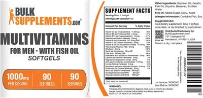BulkSupplements.com Multivitamins for Men - with Fish Oil Softgels 1000 mg product packaging