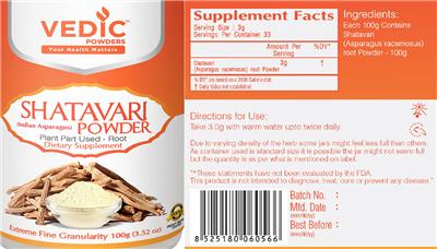 Vedic Powders Shatavari Powder source label used in the packaging illustration