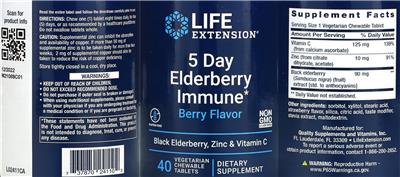 Life Extension 5 Day Elderberry Immune Berry Flavor source label used in the packaging illustration