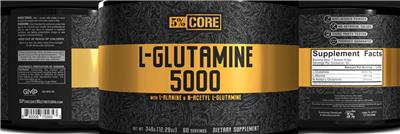 5% Core L-Glutamine 5000 with L-Alanine & N-Acetyl L-Glutamine source label used in the packaging illustration