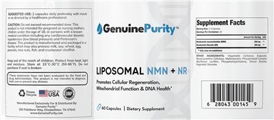 GenuinePurity Liposomal NMN + NR source label used in the packaging illustration