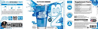 NutraBio Performance Clear Protein Blue Raspberry source label used in the packaging illustration
