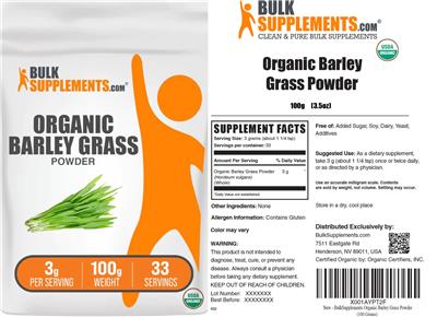 BulkSupplements.com Organic Barley Grass Powder 3 g product packaging