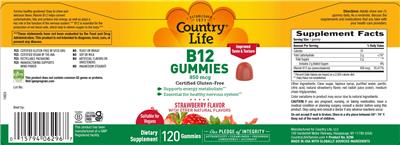 Country Life B12 Gummies 850 mcg Strawberry Flavor source label used in the packaging illustration