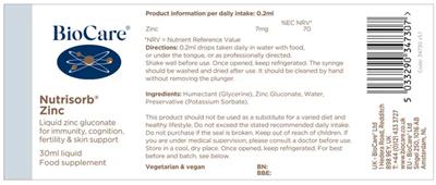 BioCare Nutrisorb Zinc source label used in the packaging illustration