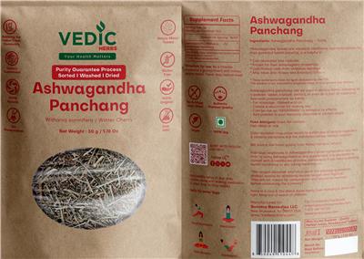 Vedic Herbs Ashwagandha Panchang source label used in the packaging illustration