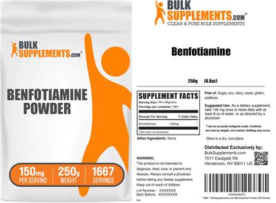 BulkSupplements.com Benfotiamine Powder 150 mg source label used in the packaging illustration