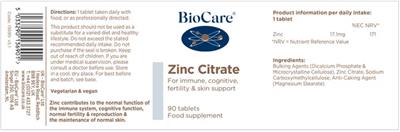BioCare Zinc Citrate source label used in the packaging illustration