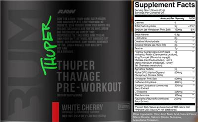 RAW Thuper Thavage Pre-Workout White Cherry source label used in the packaging illustration