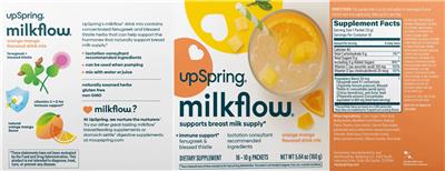 UpSpring MilkFlow Orange Mango Flavored source label used in the packaging illustration