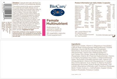 BioCare Female Multinutrient source label used in the packaging illustration
