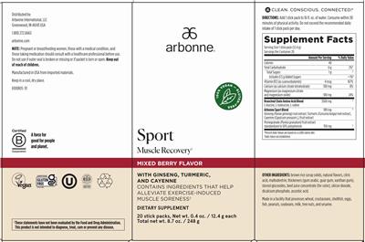 Arbonne Sport Muscle Recovery Mixed Berry Flavor source label used in the packaging illustration