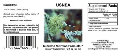 Supreme Nutrition Products Usnea source label used in the packaging illustration