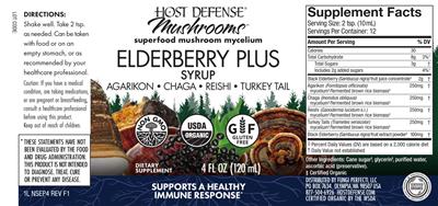 Host Defense Mushrooms Elderberry Plus Syrup source label used in the packaging illustration