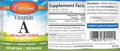 Carlson Vitamin A 3000 mcg RAE (10000 IU) source label used in the packaging illustration