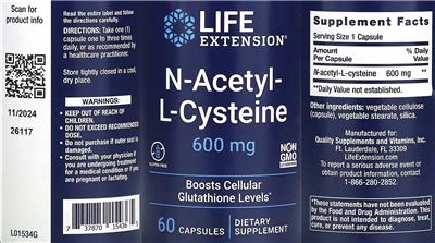 Life Extension N-Acetyl-L-Cysteine 600 mg product packaging