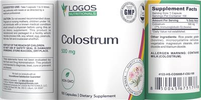 Logos Nutritionals Colostrum 500 mg source label used in the packaging illustration