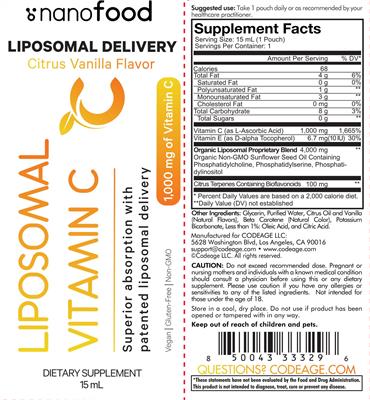 Codeage Nanofood Liposomal Vitamin C Citrus Vanilla Flavor 1000 mg source label used in the packaging illustration