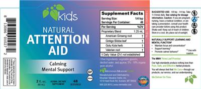 Mountain Meadow Herbs Kids Natural Attention Aid source label used in the packaging illustration