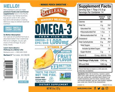 Barlean's Seriously Delicious Omega-3 Mango Peach Smoothie source label used in the packaging illustration