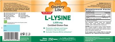 Country Life L-Lysine 1000 mg source label used in the packaging illustration
