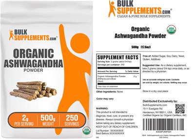 BulkSupplements.com Organic Ashwagandha Powder 2 g product packaging