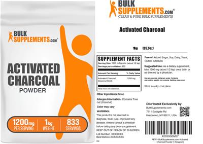 BulkSupplements.com Activated Charcoal Powder 1200 mg source label used in the packaging illustration