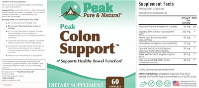 Peak Pure & Natural Peak Colon Support source label used in the packaging illustration