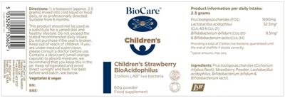 BioCare Children's Strawberry BioAcidophilus source label used in the packaging illustration