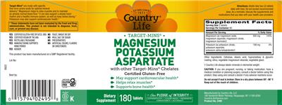Country Life Target-Mins Magnesium Potassium Aspartate source label used in the packaging illustration