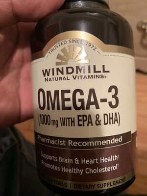 Windmill Omega 3 Fish Oil 1000 mg with EPA & DHA source label used in the packaging illustration